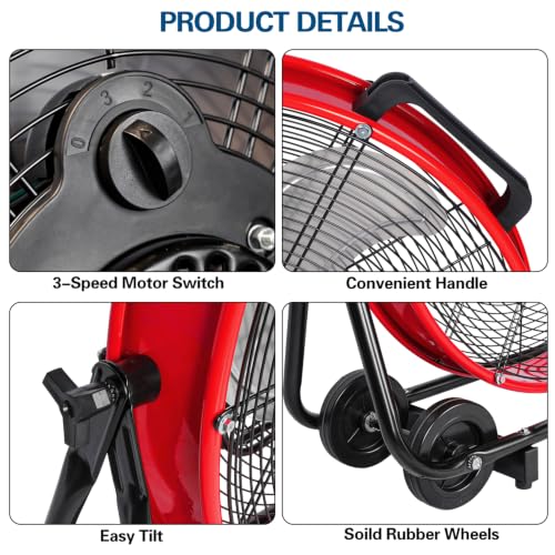 BILT HARD 24" Heavy Duty Industrial Drum Fan, 8100 CFM High Velocity Drum Fan with 3-Speed Control, Metal Shop Fan for Warehouse, Garage, Workshop, Basement and Factory
