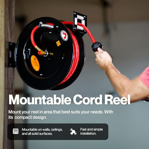 ReelWorks Air Hose Reel 3/8" Inch x 50' Foot SBR Rubber Hose Max 300PSI Commercial Steel Construction