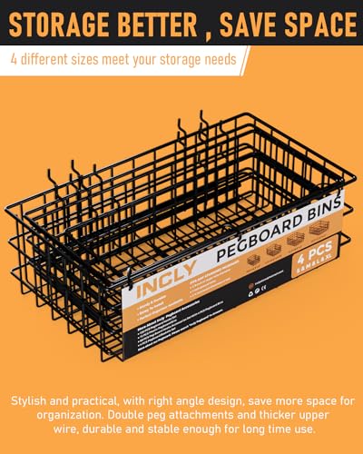 INCLY 4 Pack Pegboard Baskets Bins Set, Black Metal Pegboard Accessories