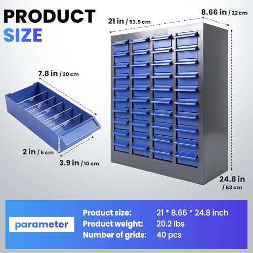 Vohala 40-Drawer Bolt Bin, Parts Organizer Cabinet with ABS Drawer, Parts Cabinet with Drawers for Nuts Bolts Screws, Metal Storage Cabinet for Garage, Workshop, Home & Office