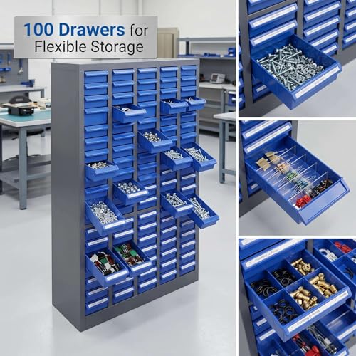 Customizable 100 Drawer Storage Cabinet, 21"x8.66"x24.8" ABS Steel Small Parts Organizer, Adjustable Hardware Bin with Partition Plates & Labels for Screws Nails Fasteners Garage