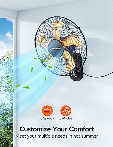 VAGKRI Wall Mount Fan, 16 Inch Wall Fans with 5 Blades, 5 Speeds, 8 Hour Timer, 90° Oscillating Quiet Fan with Remote for Home Office Bedroom Living Room Garage (Black)