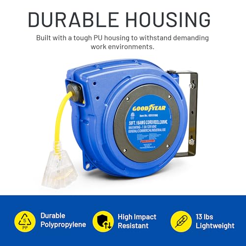 Goodyear Extension Cord Reel Retractable 16AWG x 50' Foot 3C/SJTOW Commercial Cable LED Triple Tap Connector Power 10A 125VAC 938W
