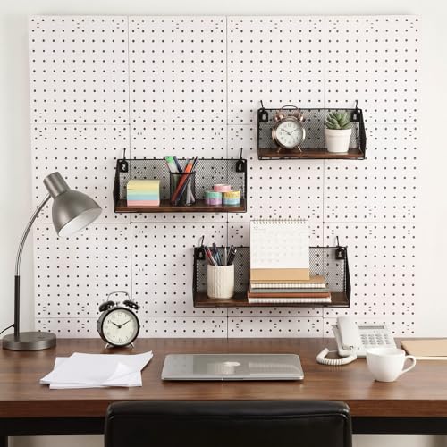Ferrochef 3 Pack Pegboard Shelves with Hooks, Wall Mounted Grid Shelves, Pegboard Organizer Bins with Wooden Base, Heavy Duty Peg Board Storage Accessories for Kitchen, Bathroom, Garage, Office(Black)