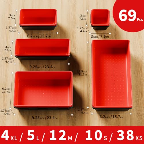 FLYVOLE 69 PCS & 5 Sizes Tool Box Organizer Trays, Black and Red