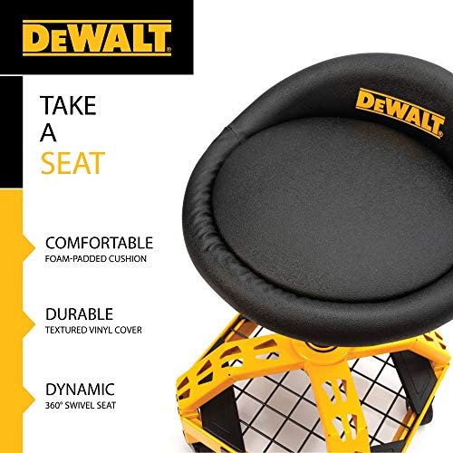 DEWALT Heavy Duty Adjustable Rolling Shop Stool, 360-degree Swivel Industrial Garage Stool with Padded Seat, Storage Shelf, Removable Wheels