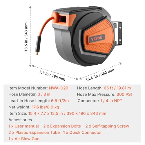 VEVOR Retractable Air Hose Reel, 3/8IN x 65FT Hybrid Air Hose Max 300PSI, Air Compressor Hose Reel Auto-Rewind with 6.6 FT Lead in, Ceiling/Wall Mount Enclosed PP Reel & Built-in 180° Swivel Bracket
