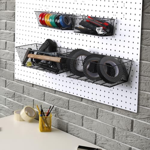 Sieral 4 Pcs Pegboard Baskets Metal Wire Shelf Baskets Peg Board Organizer Accessories Wall Mount Organizer Attachments for Garage Workbench Various Tool Accessories, 2 Sizes (Black,Large)