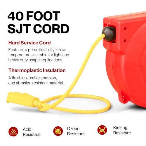 ReelWorks Retractable Extension Cord Reel Polypropylene 12AWG x 40' Foot