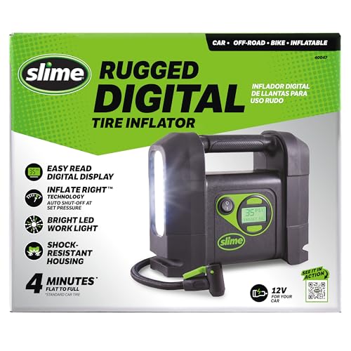 Slime 40047 Tire Inflator, Portable Car Air Compressor, Rugged, Inflate Right automatic shut off, with Digital 99 psi Display, Long Hose and LED Light, 12V, 4 min inflation