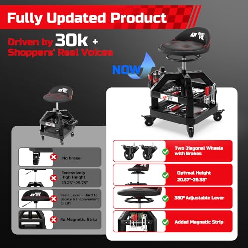 FreekyFit Rolling Shop Stool for Garage with Casters, DO02-Adjustable Height 360° Swivel Shop Seat with Tool Tray Storage, 330 LBS Capacity Padded Mechanic Stool, Magnetic Tool Hold, Heavy Duty, Black