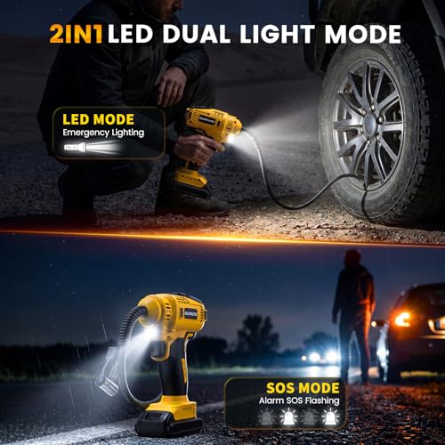SURPUTS Tire Inflator Air Compressor Compatible with Dewalt 20V Battery, 150PSI Cordless Portable Air Pump with Digital & Auto Shut-Off, LED Light for Car Motorcycles Bike Ball (Tool Only) (Yellow)