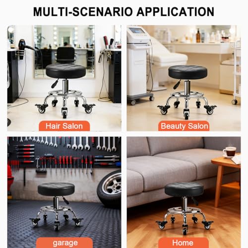 FLOLXNB Rolling Stool Low Roller Seat PU Leather, Rolling Chair Height Adjustable, Garage Stool with Wheels for Manicure Mechanic Home Office Garage Shop (Style 2)