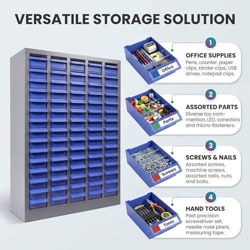 KQZZIV Parts Cabinet with 75 Drawers, 25.8x8.6x35.4 Inches, Small Parts Organizer with ABS Material Drawers, Adjustable Dividers and Labels, Ideal for Workshop and Garage