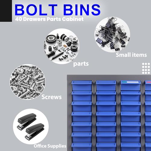 40 Drawers Parts Cabinet with Label Stickers, Bolt and Nut Tool Storage Cabinet with Shelves & Labels, Bolt Bin with ABS Material Drawers, for Small Items in Garages, Workshops