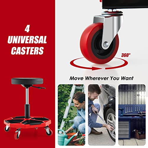 Goplus Rolling Garage Stool, 16”-22” Adjustable Mechanic Stool with Universal Wheels, Removable Magnetic Tool Tray, 2” Thick Padded Cushion, 330LBS Capacity, Roller Creeper Seat, Shop Chair