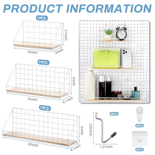 Roowest 3 Sets Metal Pegboard Shelves with Steel Peg Board Brackets and Hooks Wall Organizer Storage Display Tray Accessories for Craft Room Home Office Garage Nursery Workbench Kitchen(White)
