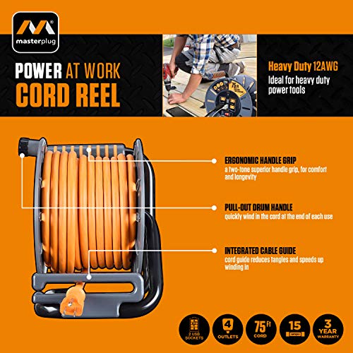 Masterplug 75ft Cord Reel, Retractable Extension Lead with Winding Handle, Safety Overload Circuit Breaker and Power Switch, 4x Grounded Outlets, 2x USB Ports, 15amps, 12AWG Cable