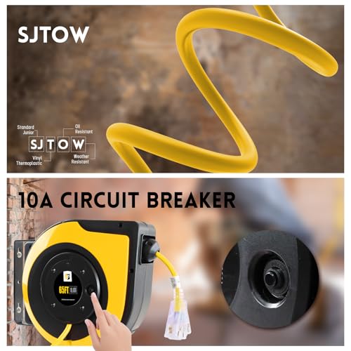 EP Retractable Extension Cord Reel,75 Feet 14 AWG/3C SJTOW Heavy Duty Power Cord,10 AMP Circuit Breaker, 3-Lighted Triple Outlets,Ceiling or Wall Mount Use Indoor, Yellow