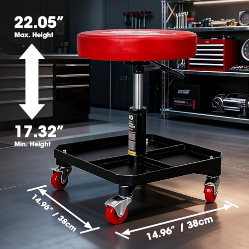 Big RED Rolling Mechanic Stool with Tool Tray, Pneumatic Garage Seat, Adjustable Height Form 17"-22",Storage Workshop Chair for Auto Repair