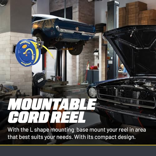 Goodyear Air Hose Reel Retractable 3/8" Inch x 50' Foot SBR Rubber Hose Max 300PSI Heavy Duty Industrial Steel Single Arm Construction