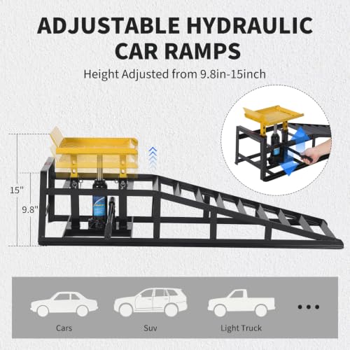2 Pack Hydraulic Car Ramps 5 Ton Capacity, Heavy Duty Steel Vehicle Ramps with 9.8"-15" Adjustable Height for Oil Changes & Maintenance, Low Profile Wide Deck for Cars SUVs Trucks