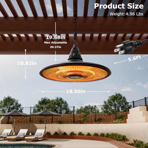 Hanging Heater, 1500W Outdoor Electric Patio Ceiling Heater with Remote Control, Infrared for Courtyard, Garage, Patio, Overheat & Tip-Over Protection, Waterproof, Deep Black