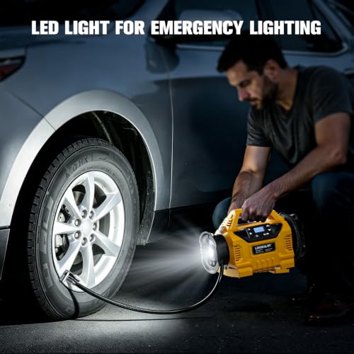 3X Faster Cordless Tire Inflator Air Compressor Pump Compatible With Dewalt 20V Battery, LIVOWALNY 160PSI 12V DC/20V DC with Pressure Gauge & Deflator for Car, Pickup, Air Mattresses (Tool Only)