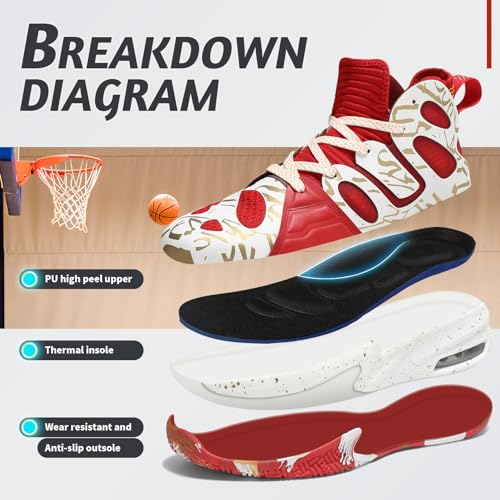 ASHION Mens Basketball Shoes Outdoor Sport Shoes Casual Air Cushioning Sneakers with Arch Support White Red US 9.5