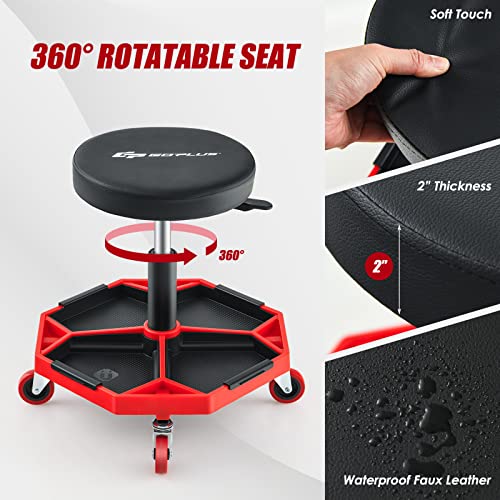Goplus Rolling Garage Stool, 16”-22” Adjustable Mechanic Stool with Universal Wheels, Removable Magnetic Tool Tray, 2” Thick Padded Cushion, 330LBS Capacity, Roller Creeper Seat, Shop Chair