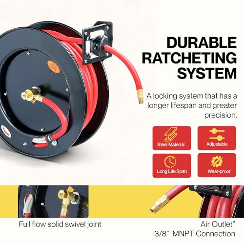 ReelWorks Retractable Air Hose Reel, 3/8" x 50 ft, 300 PSI, Hybrid