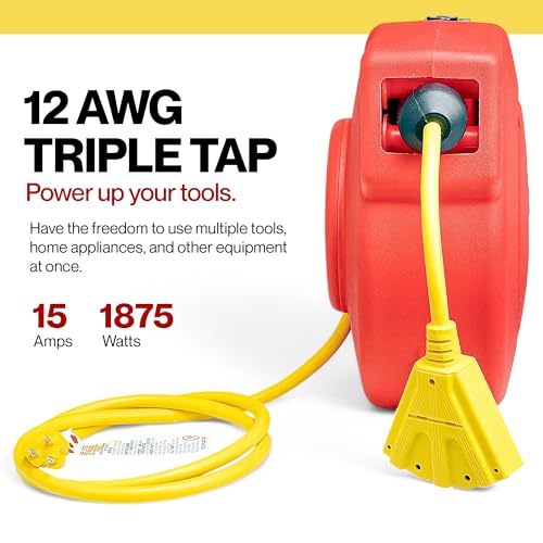 ReelWorks Retractable Extension Cord Reel Polypropylene 12AWG x 40' Foot