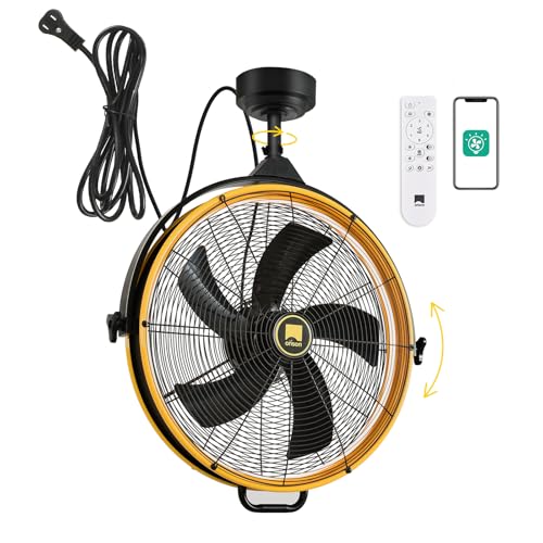 Orison 24.8'' Outdoor Ceiling Fan, 6 Speed Ceiling Mounted Plug-In Cord Garage Fan with Remote&APP, 360-degree Manual Vertical Rotation, Hook up, Gazebo, Patio, Pergola (5 blades- Yellow&Black)
