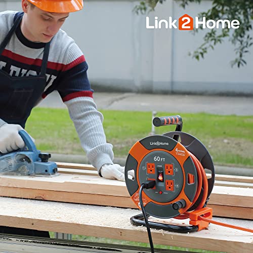 Link2Home Cord Reel 60 ft. Extension Cord 4 Power Outlets – 14 AWG SJTW Cable. Heavy Duty High Visibility Power Cord.