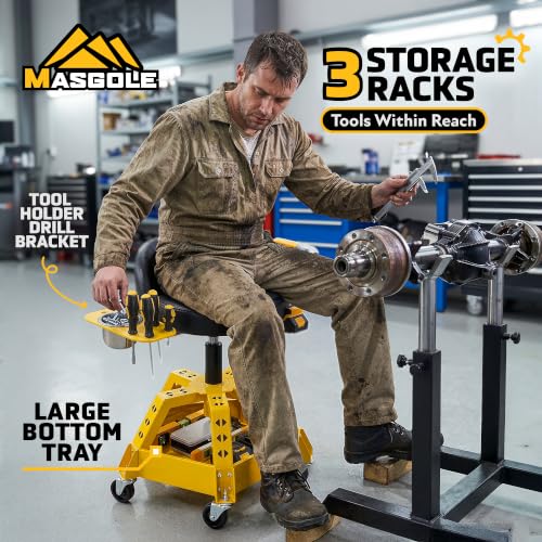 Rolling Shop Stool with Wheels for Garage, Height Adjustable Mechanic Stool Seat with Backrest and Tool Tray Storage for Workshop, Heavy Duty 330 LBS Capacity Padded Work Garage Chair, 360° Swivel