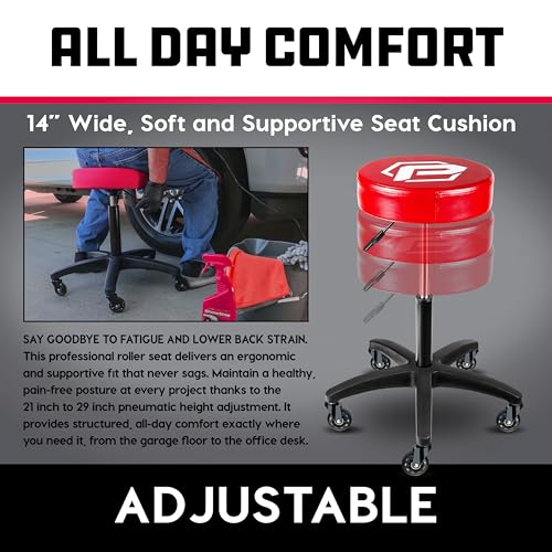 Powerbuilt Rolling Shop Stool with Adjustable Height, Mechanic Detailer Garage Seat with Padding - 240250, Red