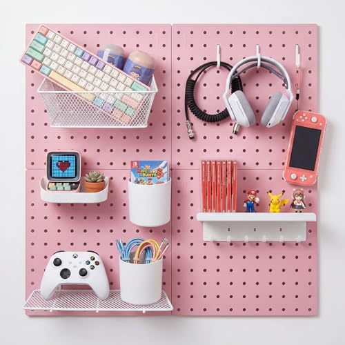 Pegboard Wall Organizer, 4 x11” x 11” ABS Peg Board Wall Organizer with Hooks, Shelves & Baskets, Drill or Adhesive Mount, 110 lbs Heavy Duty Wall Storage for Kitchen, Garage, Bathroom, Office (Pink)