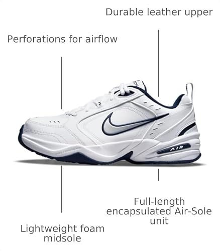 Nike Men's Air Monarch IV Cross Trainer, White/Metallic Silver/Midnight Navy, 9 XW US