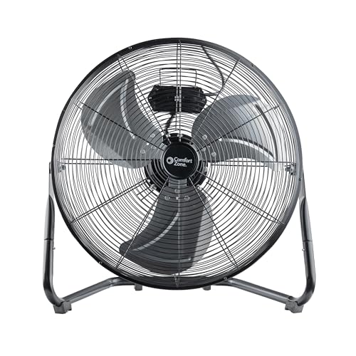 Comfort Zone 20-Inch High-Velocity Industrial Floor Fan, Heavy-Duty 3-Speed Metal Shop Fan with 180° Adjustable Tilt & Carry Handle, Quiet Vibration-Free Cooling for Garage, Workshop, & Home