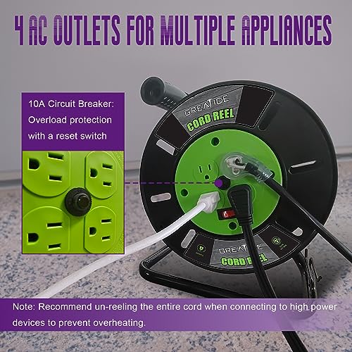 GREATIDE Heavy Duty Extension Cord Storage Reel with 4Grounded Outlets, 10A Circuit Breaker, Retractable Hand Wind, Portable Empty Hand Crank Open Cord Reel for 12/3 14/3 16/3 Gauge Power Cord, Green