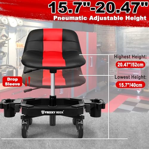 FREEKYROCK Rolling Stool with Wheels, Adjustable Height Pneumatic Garage Work Mechanic Stool Seat with Backrest, 400 LBS Capacity 360° Swivel Mechanic Crepper Chair with Tool Tray Storage, Red