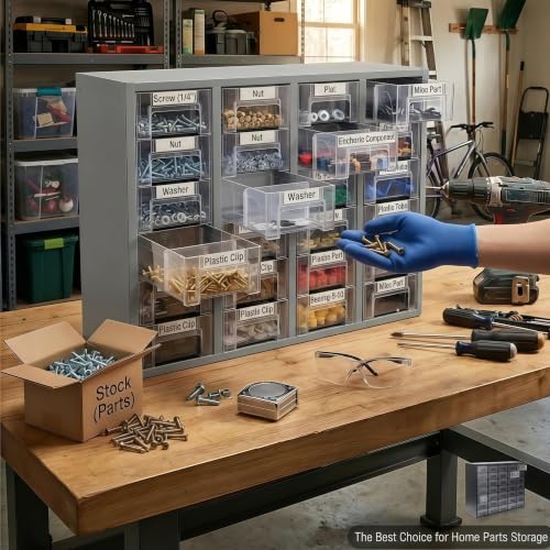 Nut and Bolt Organizer with 24 Clear Drawers, Heavy Duty Metal Hardware Organizer Cabinet, 48 Adjustable Dividers for Screws, Fasteners, Washers & Small Parts, Stackable Wall Mount Storage Cabinet