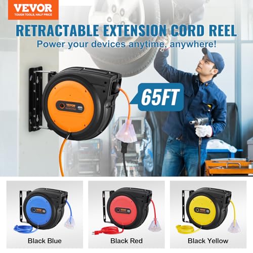 VEVOR Retractable Extension Cord Reel, 65 FT, Heavy Duty 12AWG/3C SJTOW Power Cord, with Lighted Triple Tap Outlet, 15 Amp Circuit Breaker, 180° Swivel Bracket for Ceiling or Wall Mount
