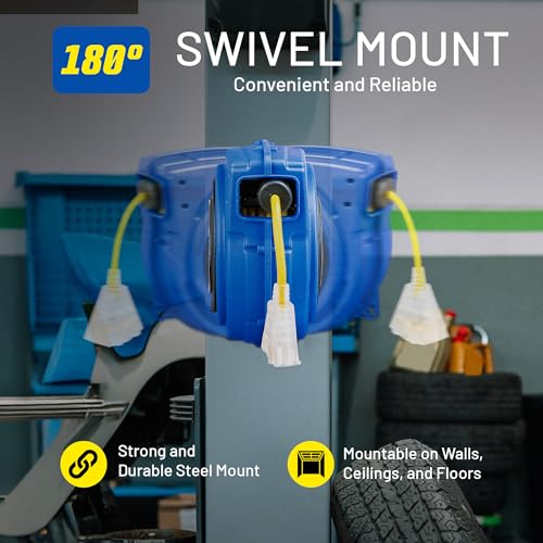 Goodyear Extension Cord Reel Retractable 16AWG x 50' Foot 3C/SJTOW Commercial Cable LED Triple Tap Connector Power 10A 125VAC 938W