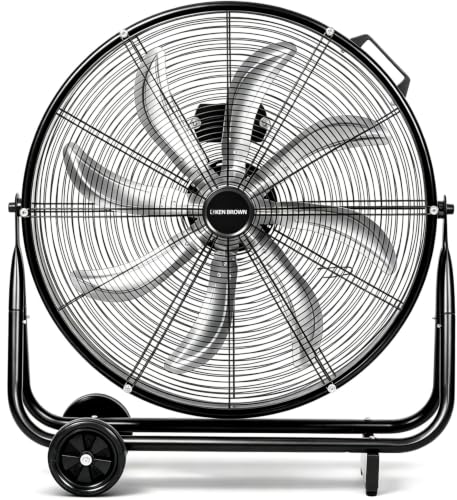 KEN BROWN 24 Inch Industrial Shop Fan, TurboSweep 8 Blades High Velocity Drum Fan, 9500 CFM, Heavy Duty 3 Speeds, 360° Adjustable Tilt for Industrial Commercial Gym Garage