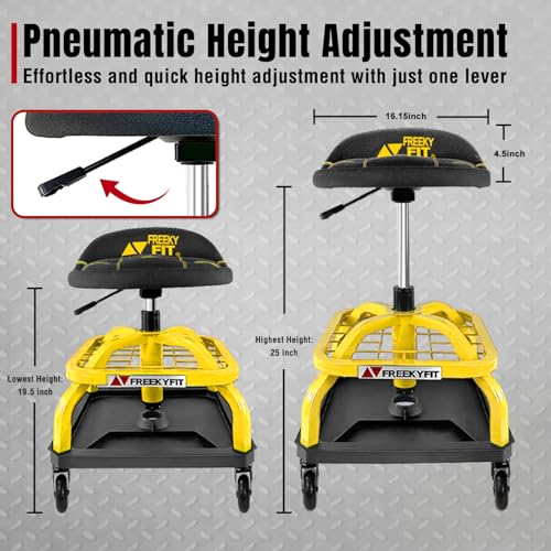 FreekyFit Rolling Shop Stool with Wheels, Garage Work Mechanic Stool with Backrest, Roller Mechanic Chair, Adjustable Height, 360° Swivel, Tool Tray Storage, 330 LBS Capacity, Heavy Duty, Yellow