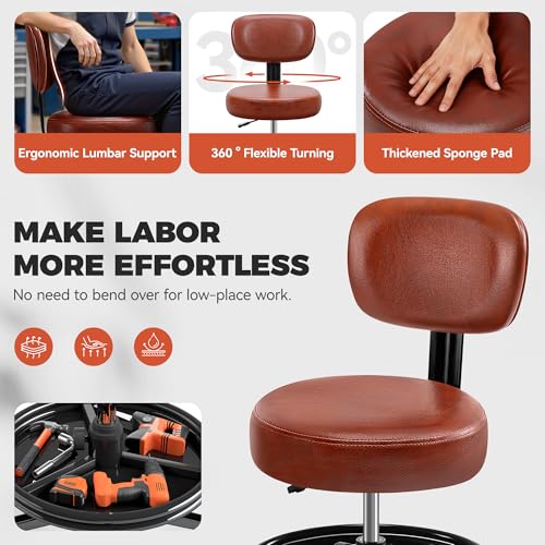 BestGlory Shop Stool with Wheels for Garage, Mechanics Rolling Chair with Backrest, Adjustable Height Heavy Duty Garage Stool with Footrest and Storage Tray, Swivel Task Chair for Workshop Salon
