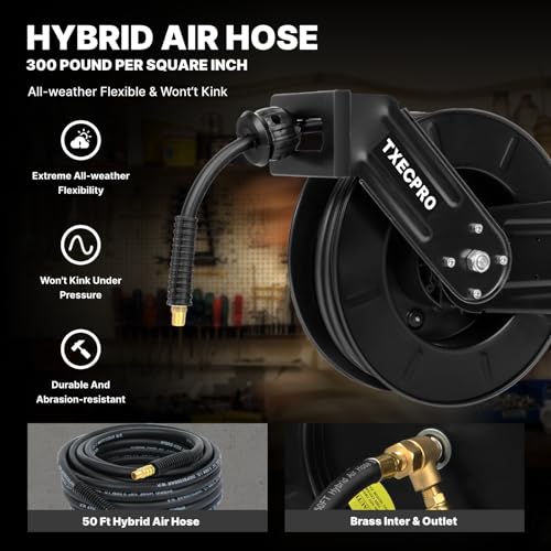 Retractable Air Hose Reel, 3/8 IN x 50 FT Hybrid Air Hose Max 300 PSI, Air compressor hose reel with 5 ft Lead in, Ceiling/Wall Mounted air hose reel,Heavy Duty air tool