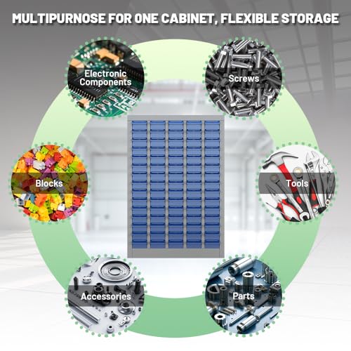 Yeeoy 75 Drawers Parts Cabinet, Bolt and Nut Tool Storage Cabinet, Steel Parts Organization Shelves with ABS Material Drawer & Labels for Tool Hardware Storage, Grey