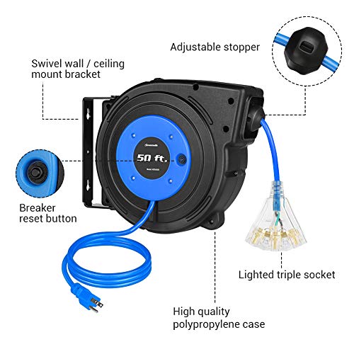 DEWENWILS 50FT Retractable Electric Cord Reel, 13A Circuit Breaker, Blue